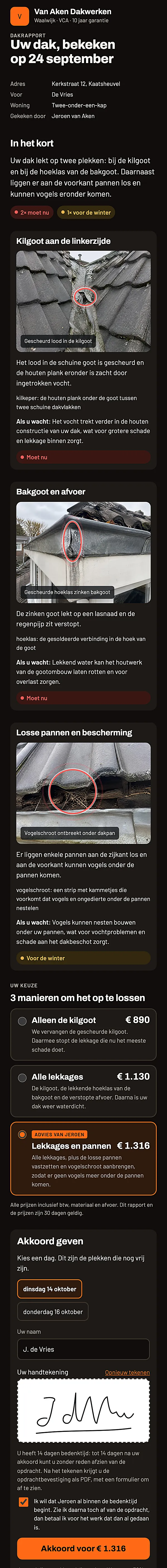 Het hele Dakrapport zoals de klant het ziet: drie foto’s van zijn dak met een cirkel om elke schade (de kilgoot, de bakgoot en de losse pannen), uitleg per plek, drie keuzes met een bedrag, en onderaan dag, naam, handtekening en de knop Akkoord voor € 1.316.
